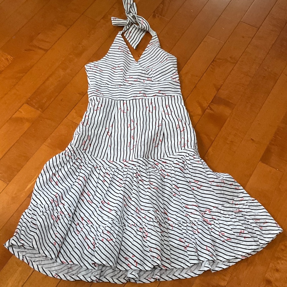 Girls White & Navy Striped Halter Dress with Red Accents